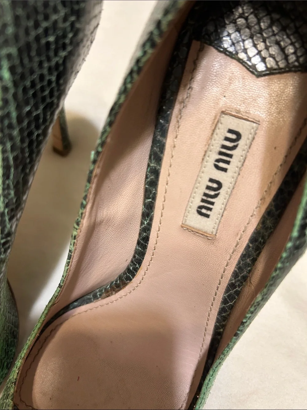 Miu Miu Green Snakeskin Open-Toe Pumps